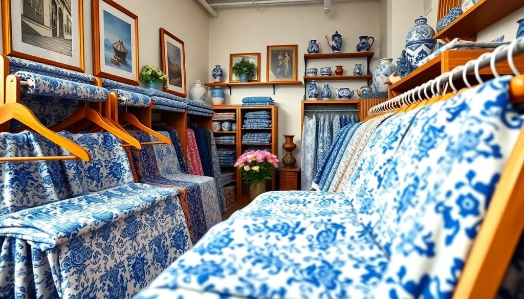 Bekijk de prachtige delftsblauwe stoffen collectie met traditionele blauwe en witte patronen in een stijlvolle setting.
