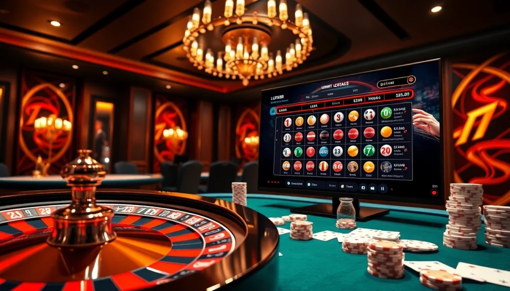 Experience vibrant online gambling at https://lode88uk.com/ with poker chips, cards, and a roulette wheel.