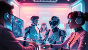 Exciting NSFW AI chat interaction in a futuristic virtual chatroom with vibrant digital avatars.