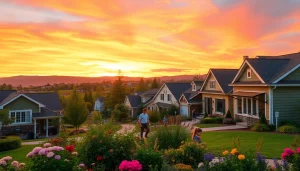Clarksburg's charming neighborhood with vibrant sunset illuminating the houses and gardens.
