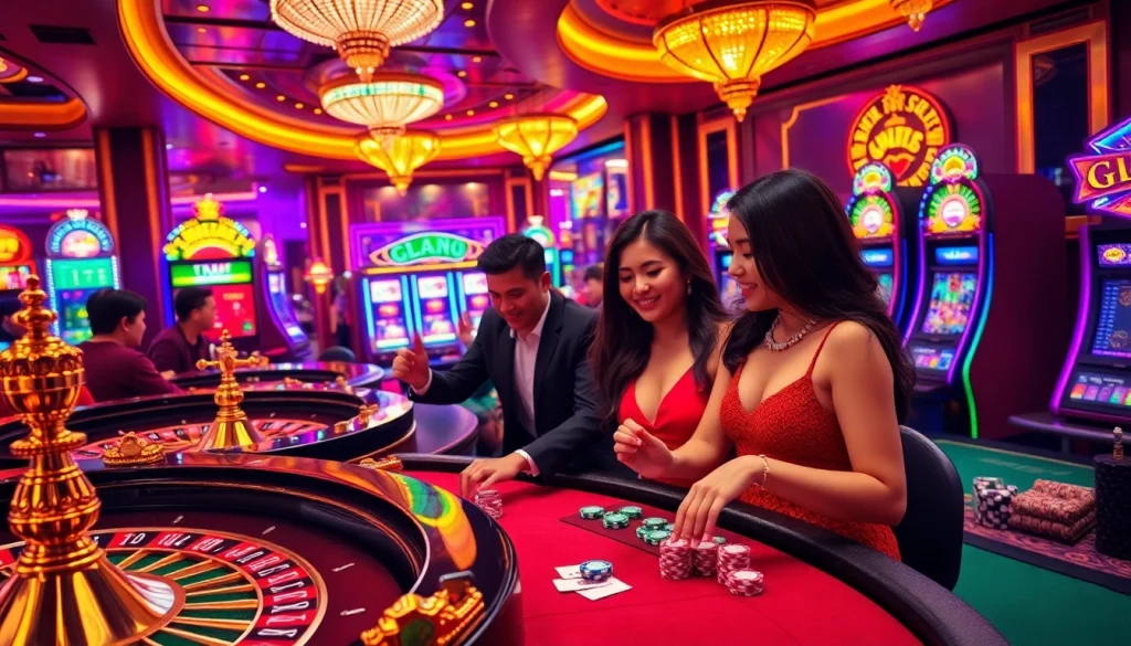 RR88 players celebrating wins at a vibrant casino scene with roulette wheels and slot machines.