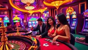 RR88 players celebrating wins at a vibrant casino scene with roulette wheels and slot machines.