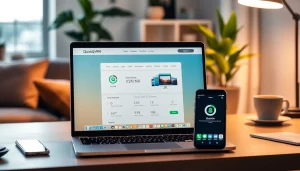 在现代工作区的笔记本电脑上显示的 QuickQ 下载界面，强调 VPN 安全性和用户友好设计。