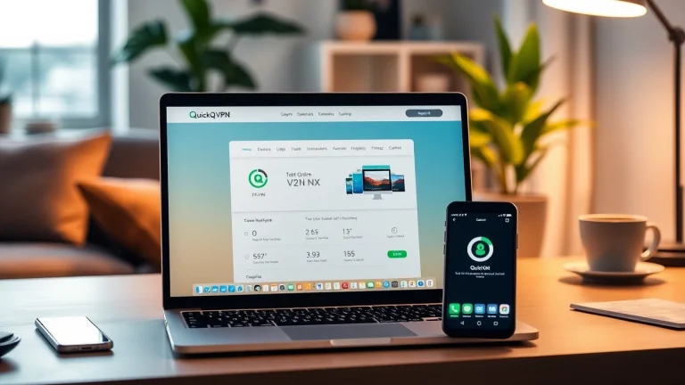 在现代工作区的笔记本电脑上显示的 QuickQ 下载界面，强调 VPN 安全性和用户友好设计。