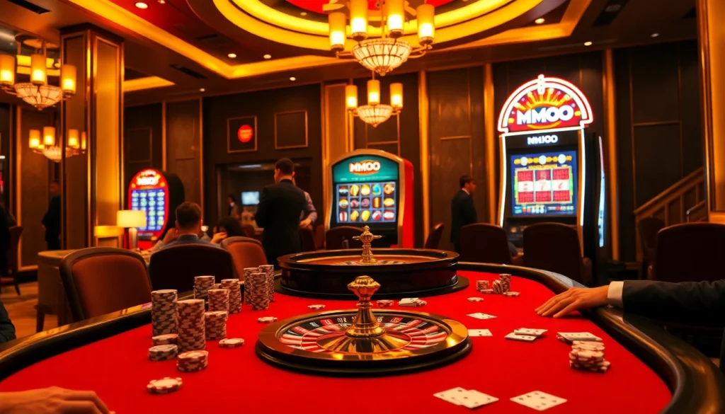 Experience the thrill of gambling at an MMOO-themed casino table amidst vibrant game action.