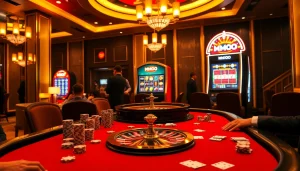 Experience the thrill of gambling at an MMOO-themed casino table amidst vibrant game action.