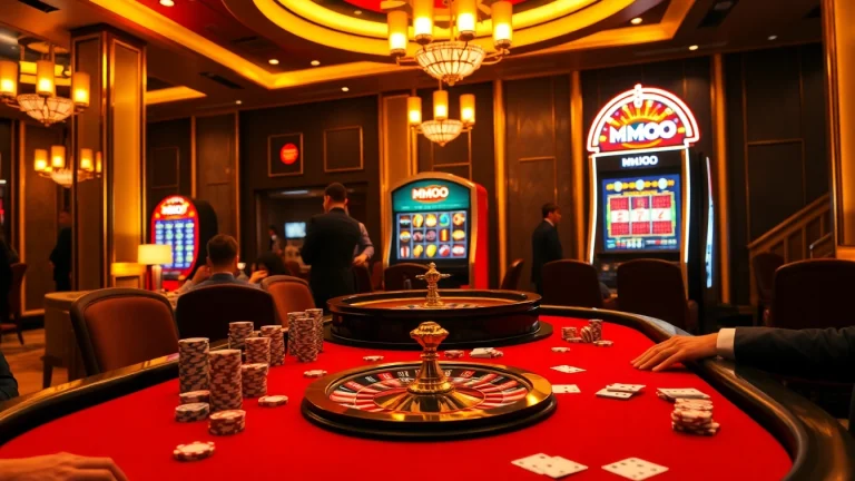 Experience the thrill of gambling at an MMOO-themed casino table amidst vibrant game action.