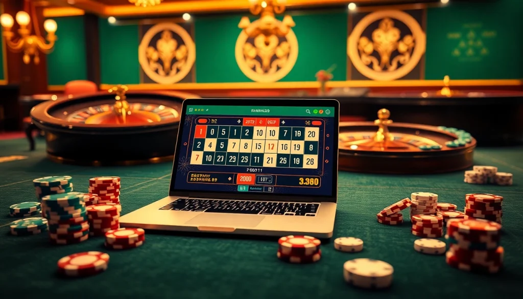 Engaging in רמיקוב אונליין with an interactive game interface among vibrant casino elements.