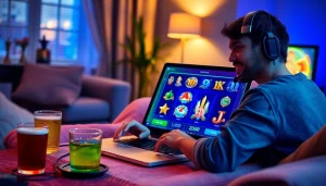 Exciting online gambling scene featuring ulat123 with a user engaging on a laptop in a cozy environment.