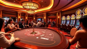 Players engaging in a thrilling game at a casino table featuring TR88 with vibrant chips and cards.