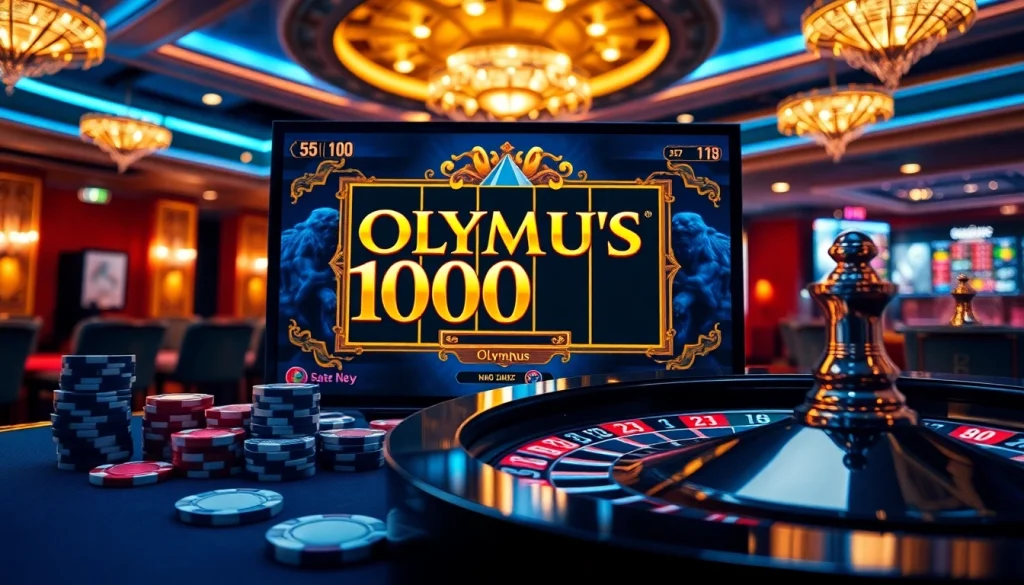 Experience the excitement of Olympus 1000 with vibrant casino elements like chips and a roulette wheel.