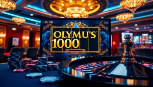Experience the excitement of Olympus 1000 with vibrant casino elements like chips and a roulette wheel.