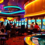 Players enjoying vibrant slot88 machines in a luxurious casino setting, feeling the thrill of gambling.