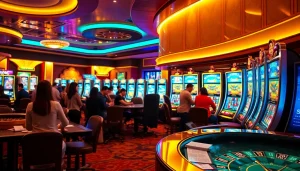 Players enjoying vibrant slot88 machines in a luxurious casino setting, feeling the thrill of gambling.