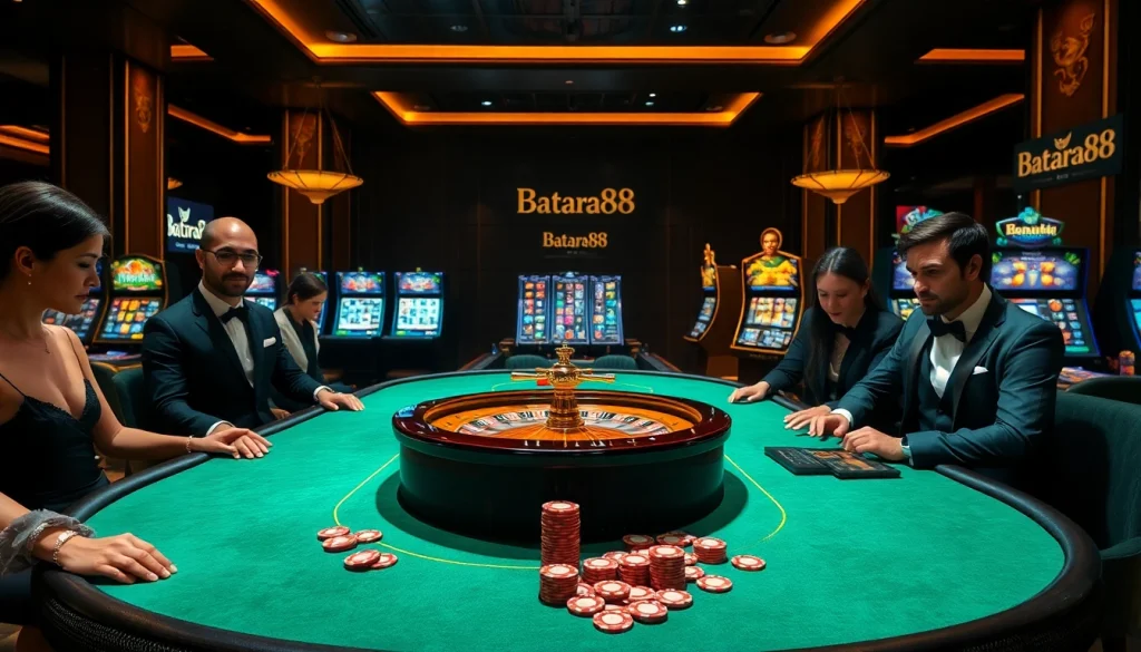 Experience the thrill of gambling at Batara88 with poker chips and a glamorous casino scene.