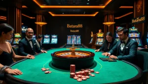 Experience the thrill of gambling at Batara88 with poker chips and a glamorous casino scene.