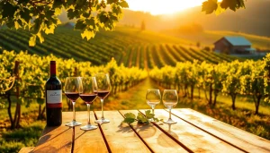 Enjoy a scenic view of Sacramento Wineries featuring a vineyard and wine setup.