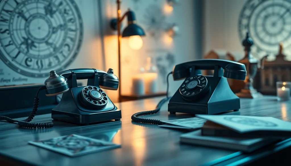 電話占い 当たる 相談スペース。ヴィンテージ風の電話と占星要素を備えた空間。