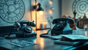 電話占い 当たる 相談スペース。ヴィンテージ風の電話と占星要素を備えた空間。