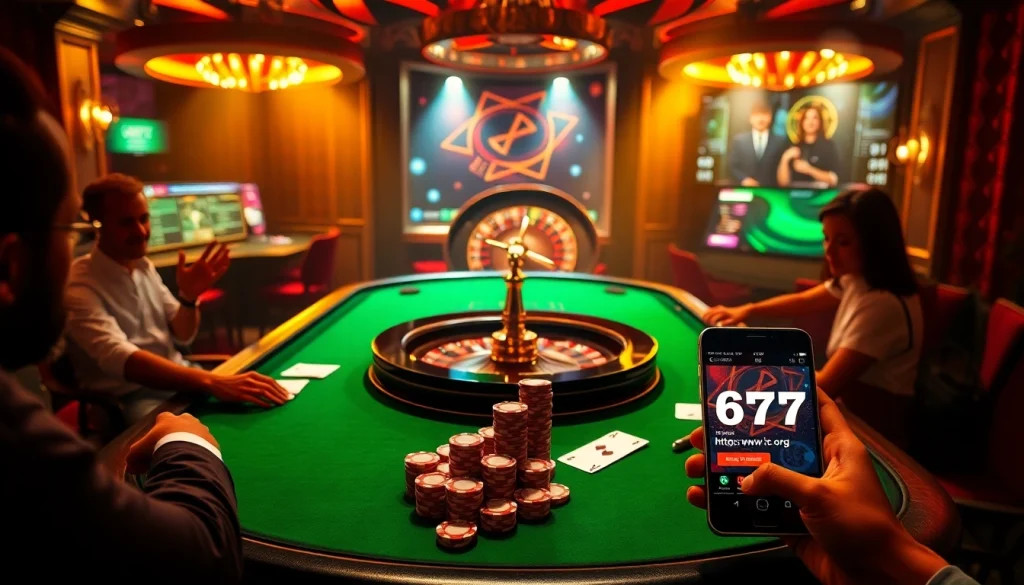 Engaging casino scene showcasing players at a table with cards and chips, highlighting https://www.6l777.org/ betting excitement.