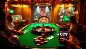 Engaging casino scene showcasing players at a table with cards and chips, highlighting https://www.6l777.org/ betting excitement.