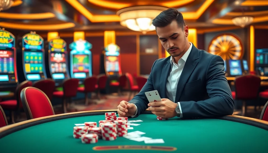 Experience high-stakes poker gameplay at NOHU90 with luxury casino elements and vibrant slot machines.