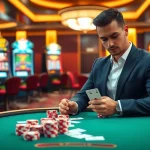 Experience high-stakes poker gameplay at NOHU90 with luxury casino elements and vibrant slot machines.