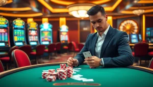 Experience high-stakes poker gameplay at NOHU90 with luxury casino elements and vibrant slot machines.