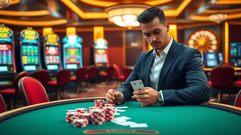Experience high-stakes poker gameplay at NOHU90 with luxury casino elements and vibrant slot machines.