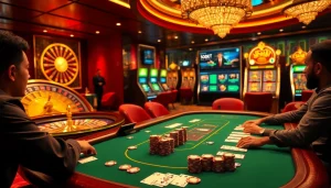 SBOBet online betting showcased in a vibrant casino setting with poker tables and roulette wheel.