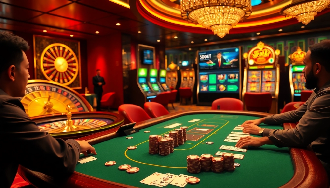 SBOBet online betting showcased in a vibrant casino setting with poker tables and roulette wheel.