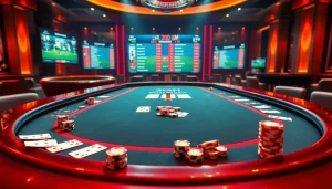 Experience the thrill of 7m nhanh nhất with this vibrant casino scene showcasing online betting interfaces and live football scores.
