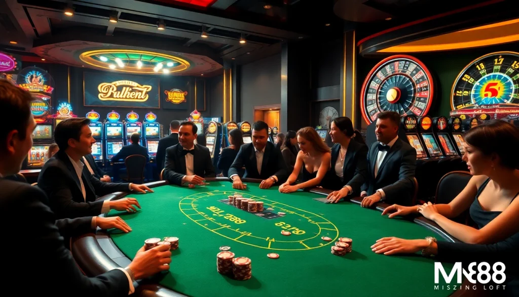 Join the action at MM88 with a vibrant casino scene featuring poker and roulette.