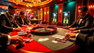 Players strategize their bets in an upscale casino featuring MMOO-themed poker elements.