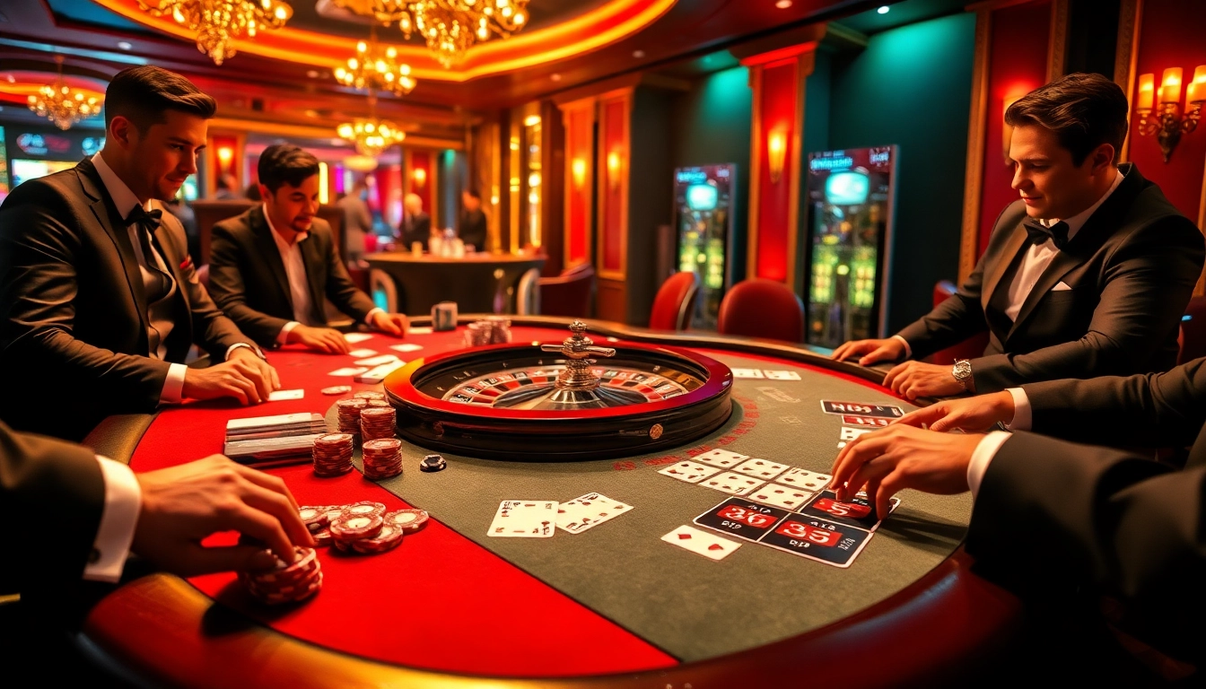 Players strategize their bets in an upscale casino featuring MMOO-themed poker elements.