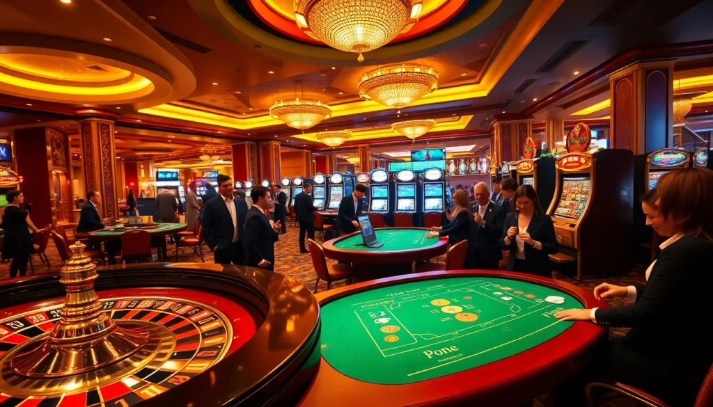 A vibrant casino filled with players enjoying games, showcasing the thrilling experience connected to www.kjc.global.