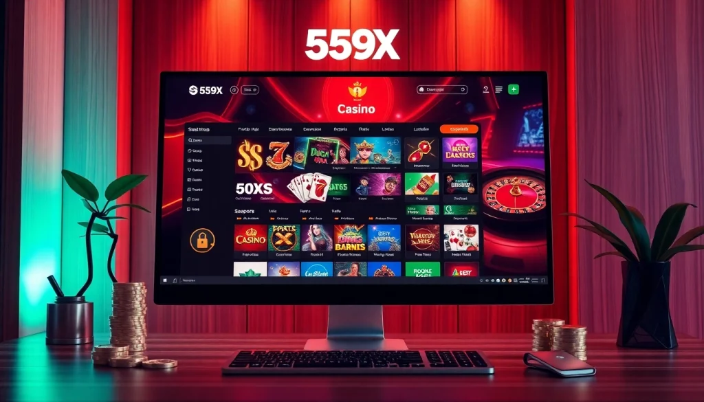 Interactive interface screenshot of the 559X online gambling platform, showcasing popular games and security features.