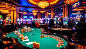 Experience thrilling gaming action at E2BETS with elegant casino tables and vibrant slot machines.