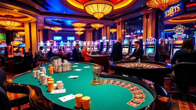 Experience thrilling gaming action at E2BETS with elegant casino tables and vibrant slot machines.