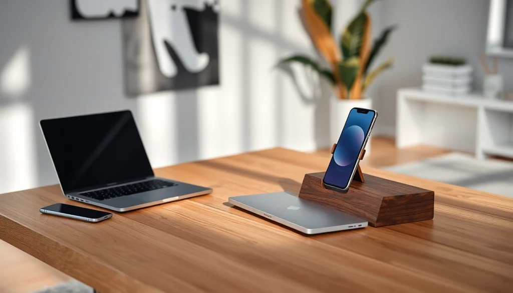 Stylish workspace featuring the MMOO wooden phone holder with a premium laptop and modern gadgets.