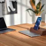 Stylish workspace featuring the MMOO wooden phone holder with a premium laptop and modern gadgets.