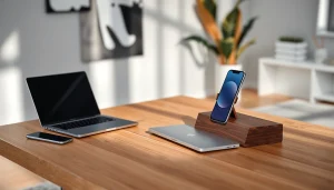 Stylish workspace featuring the MMOO wooden phone holder with a premium laptop and modern gadgets.