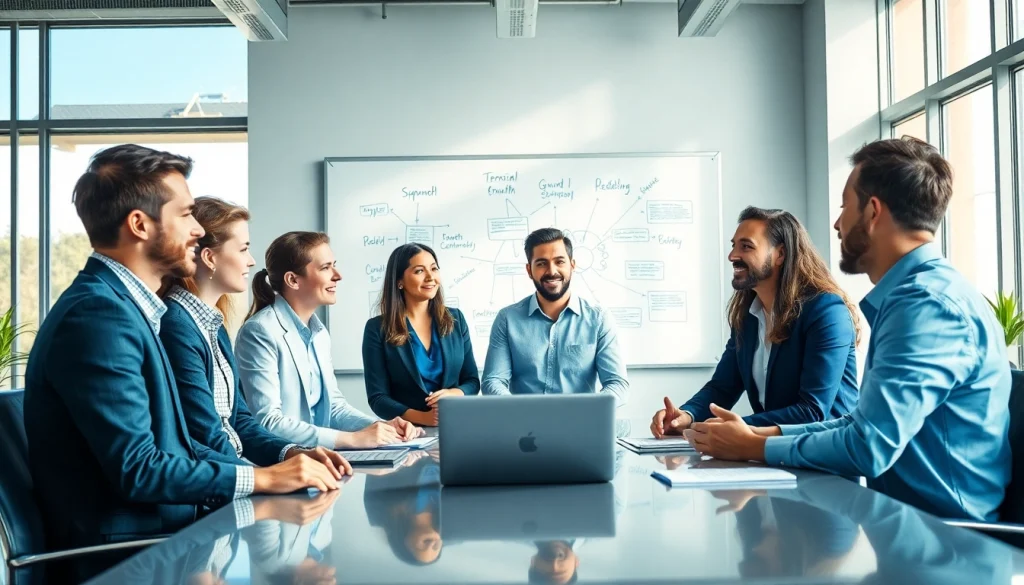 Discussing growth strategy trends among diverse business team in modern office.