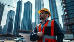 New York City Construction Manager overseeing a dynamic construction site with skyscrapers.