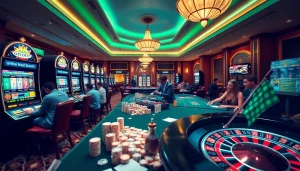 SODO66 players enjoying excitement at a modern casino, highlighting diverse games and luxury.