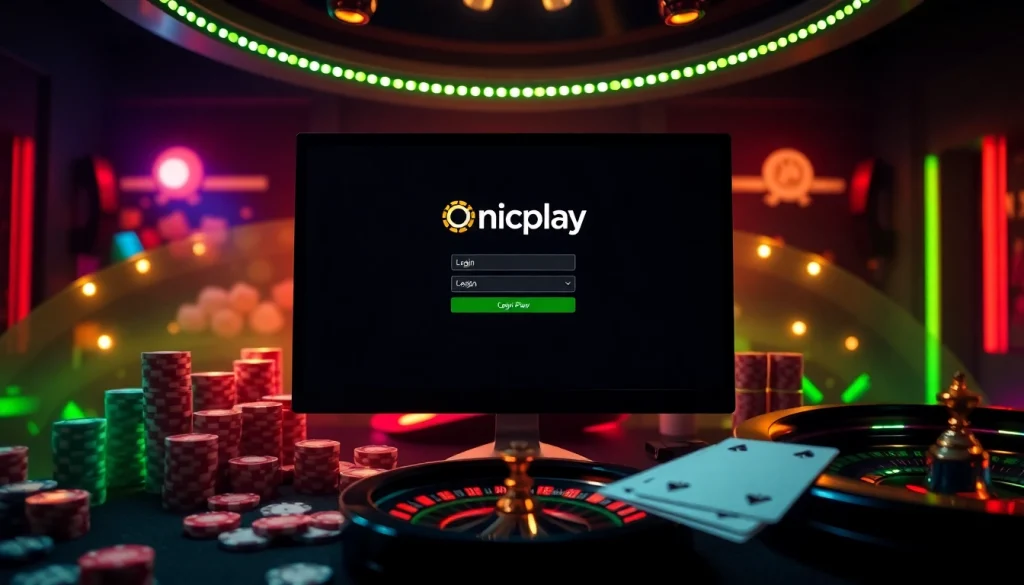 Experience a thrilling onicplay login with an elegant online casino setup featuring vibrant gaming elements.