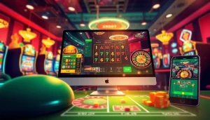 HH666 online casino showcasing vibrant games and promotions on desktop and mobile, exciting atmosphere.