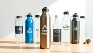 Gertuvės su logotipu elegantiškai išdėstytos ant medinio stalo, rodančios prekės ženklą.