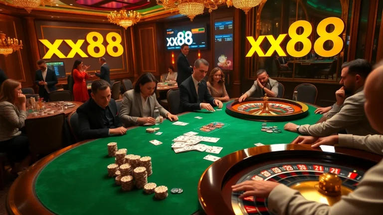 Players strategizing their winning moves at the 'xx88' poker table in a vibrant casino scene.