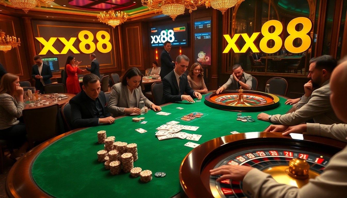 Players strategizing their winning moves at the 'xx88' poker table in a vibrant casino scene.